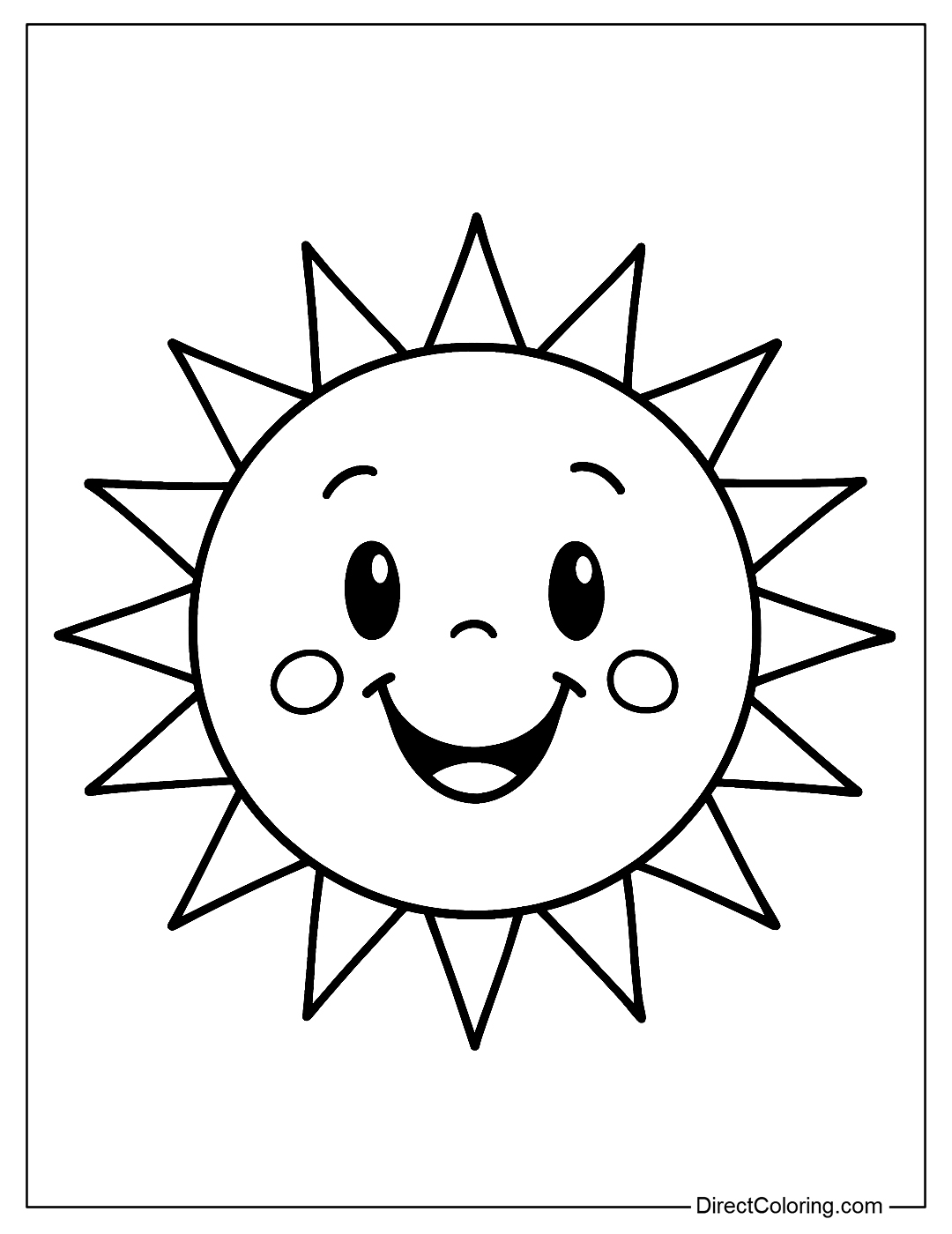 Animated Sun coloring page with a bright smile, simple strokes, no background.